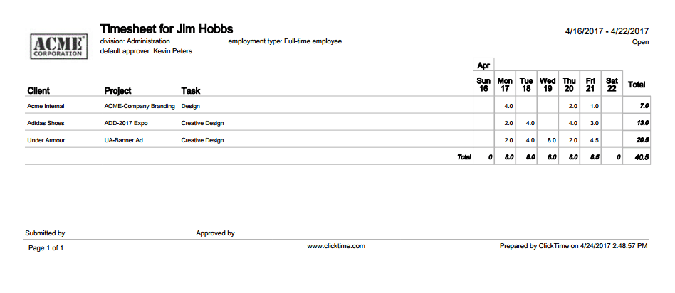 Horizontal Timesheet PDF example with daily detail