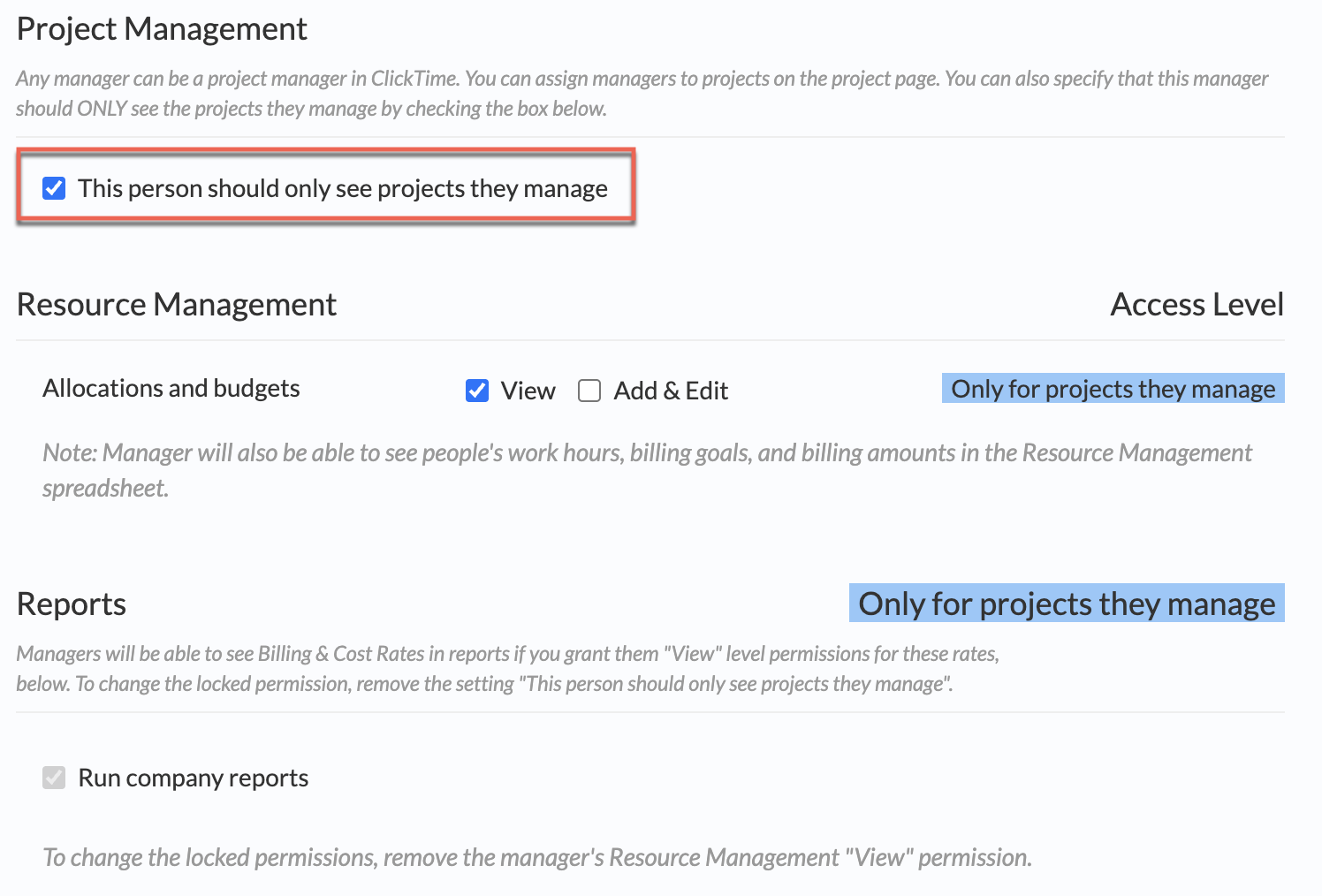 Project Management Permission settings