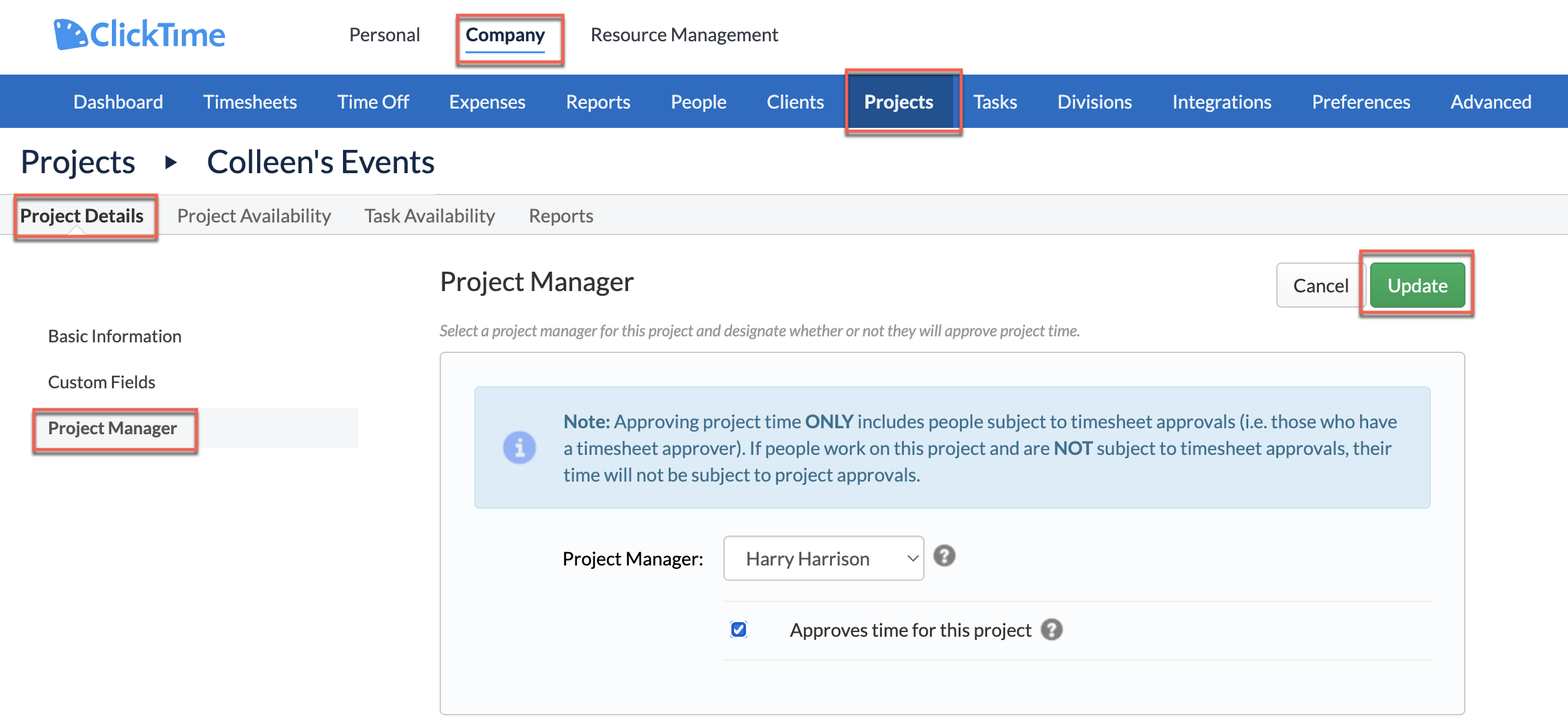 Assigning a Project Manager in project detail page