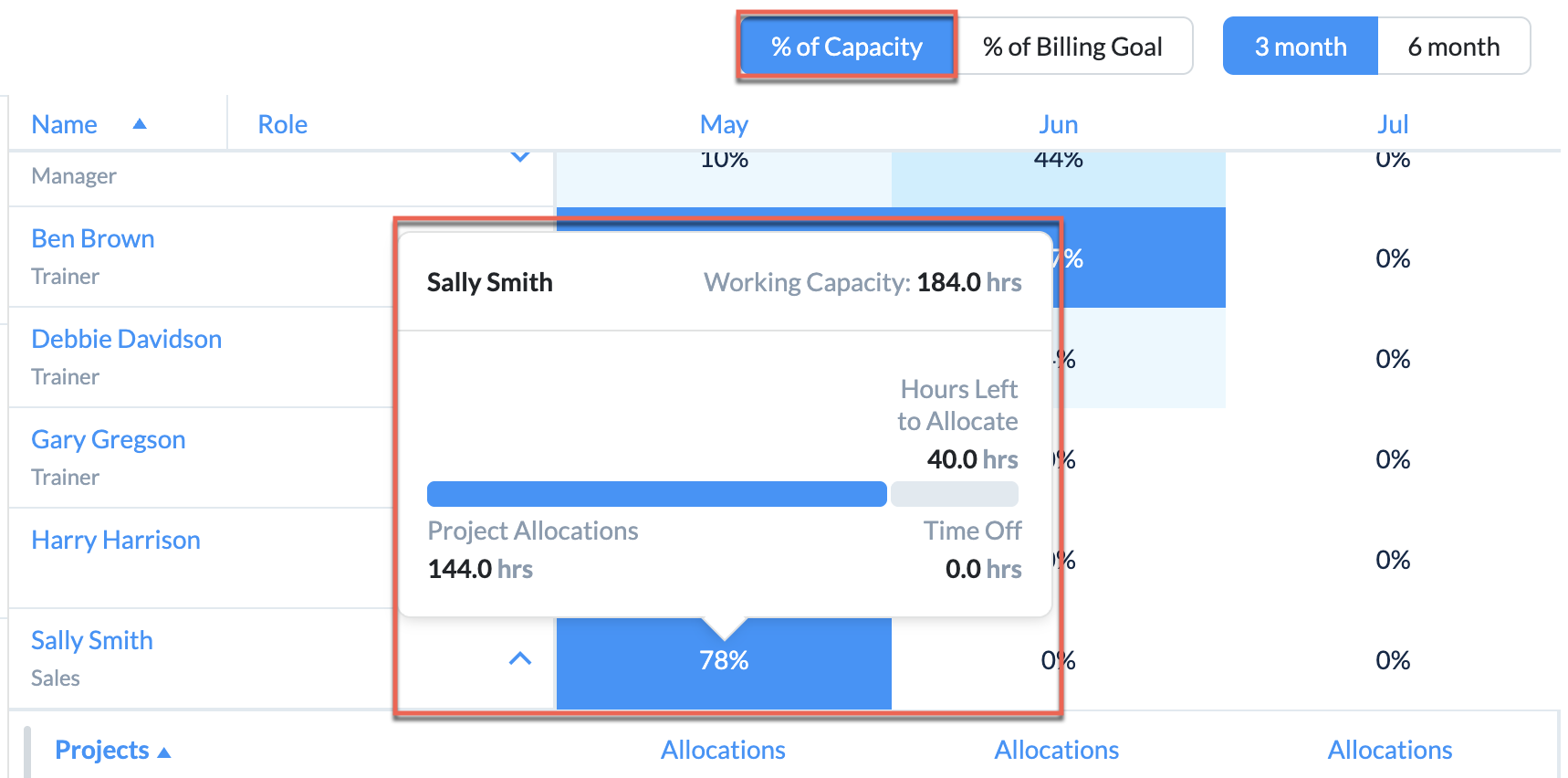Example row showing % of Total Capacity at ~96%