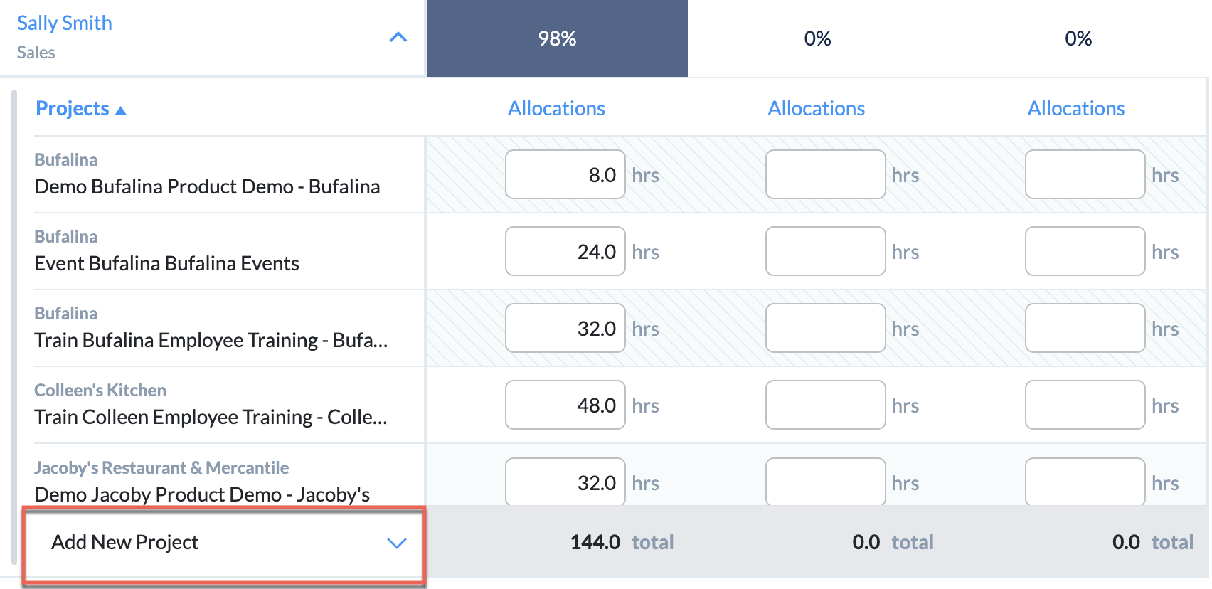 Allocation details panel with editable project rows