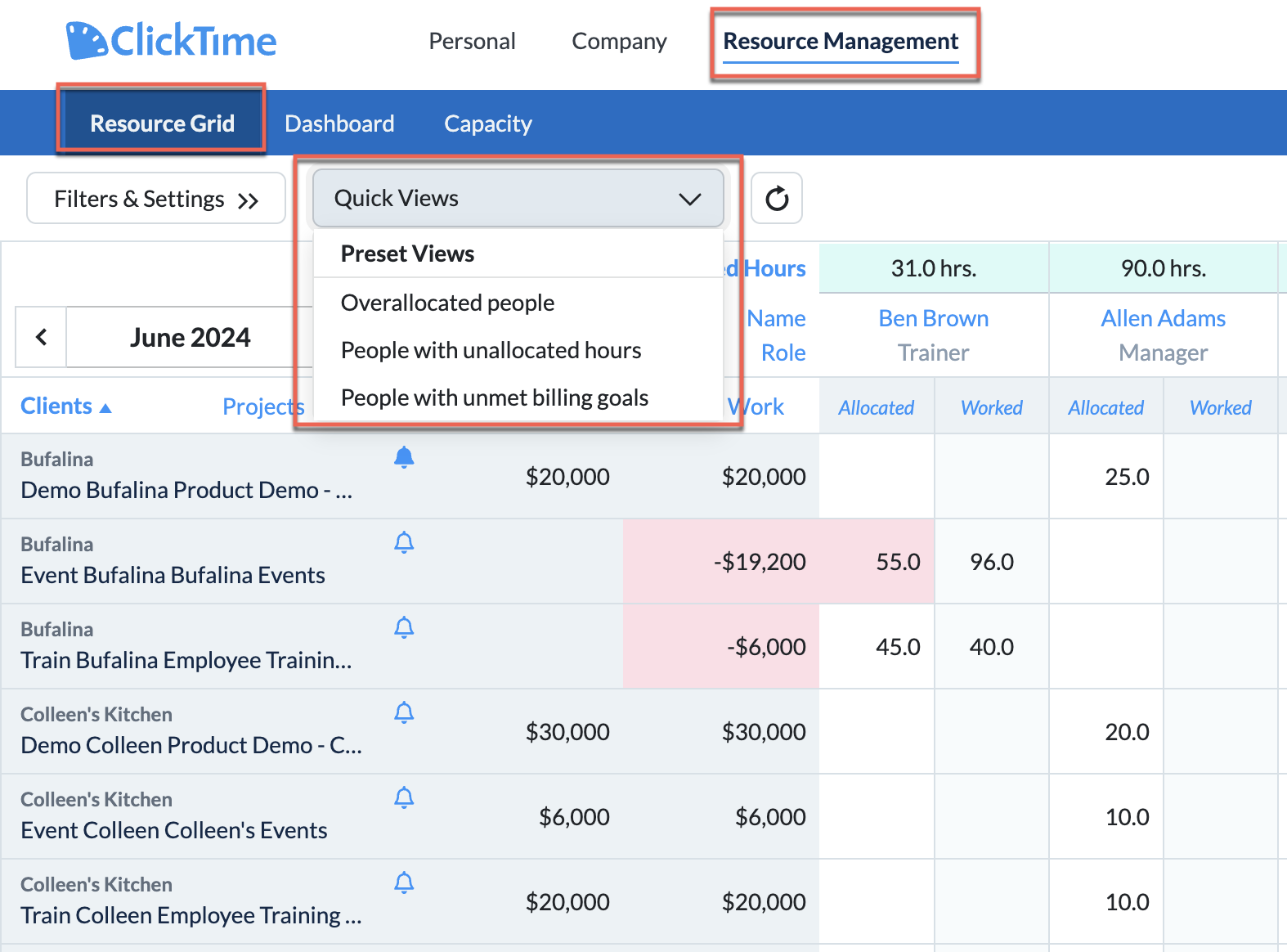 Quick Views menu in Resource Grid