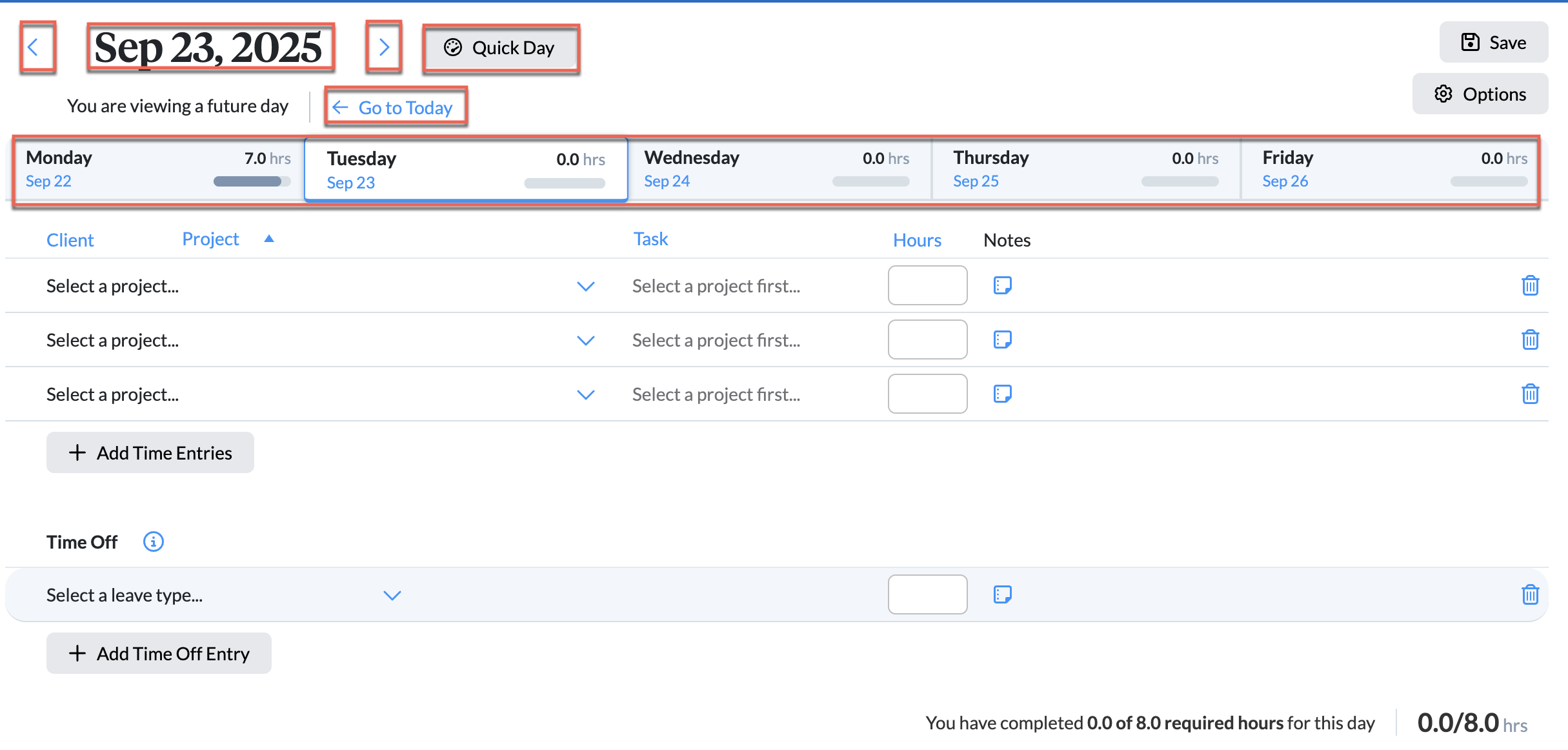 Day navigation controls with Quick Day
