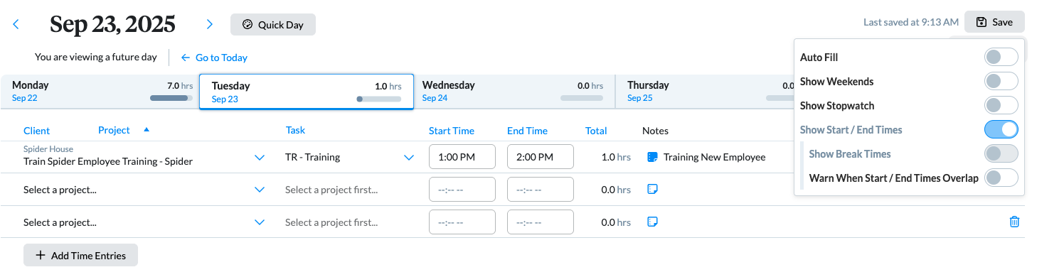 Start and End Times with Break Time field