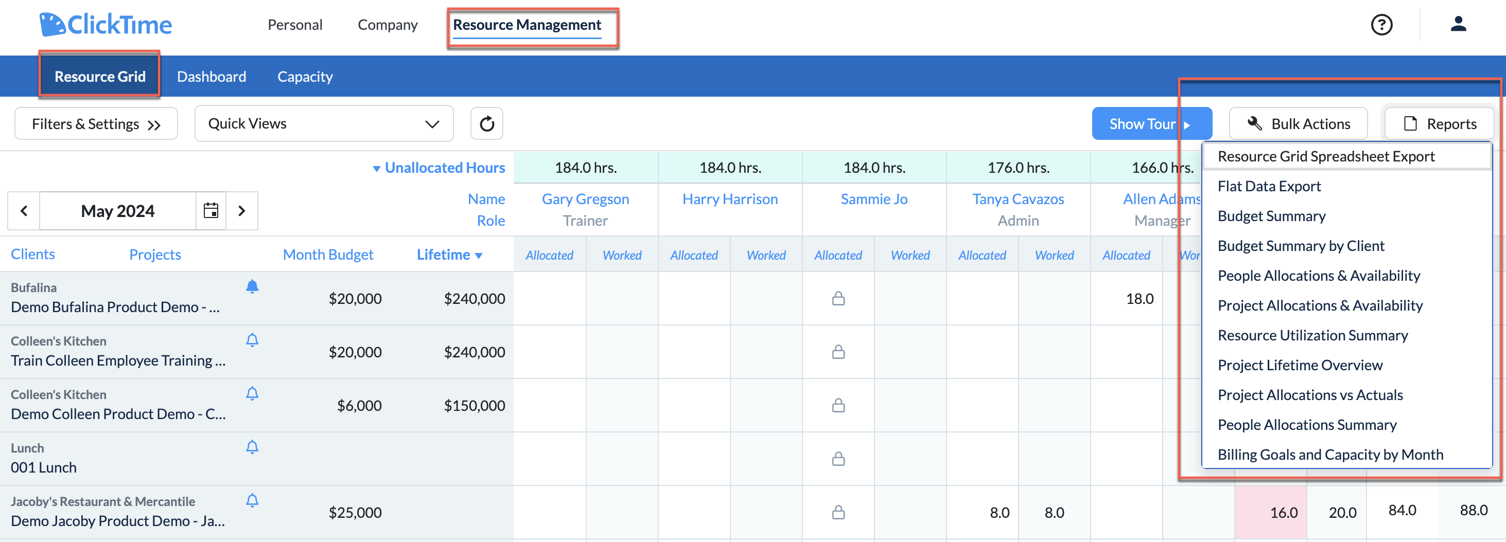 Resource Grid with Reports button in upper‑right