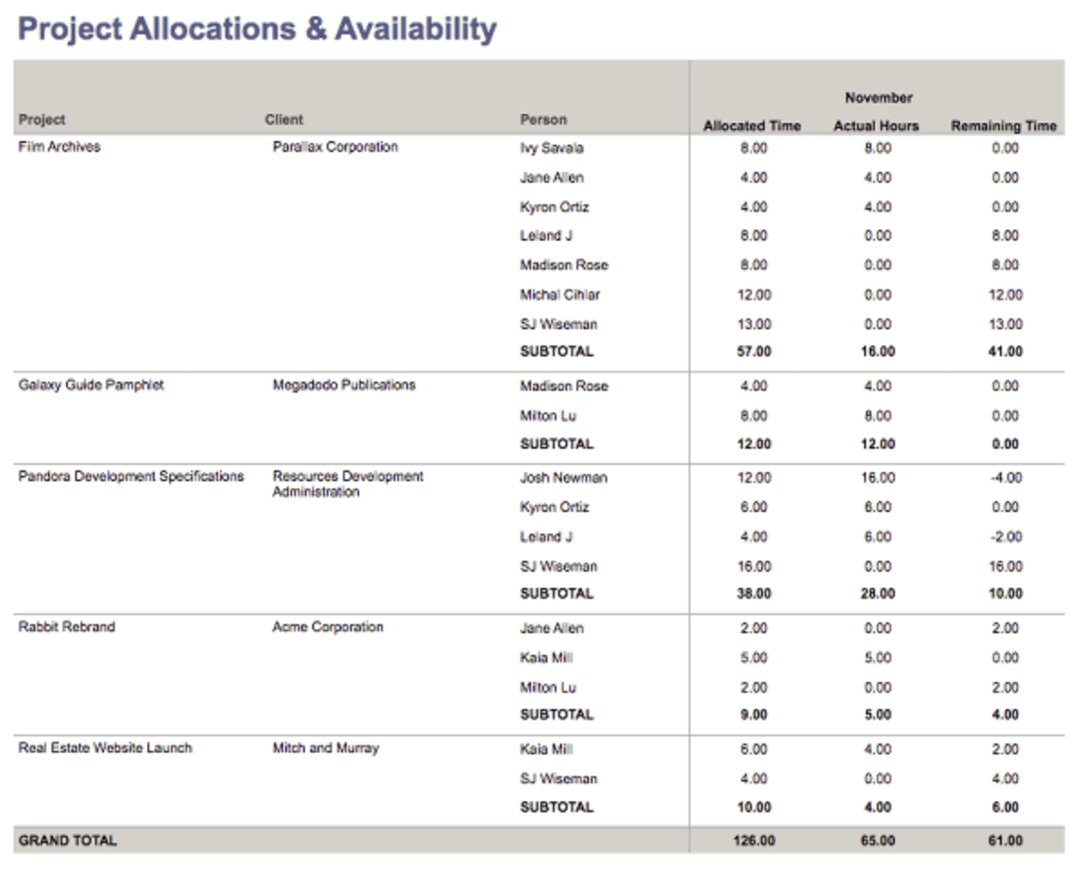 Project Allocations & Availability report showing project with assigned people and remaining hours