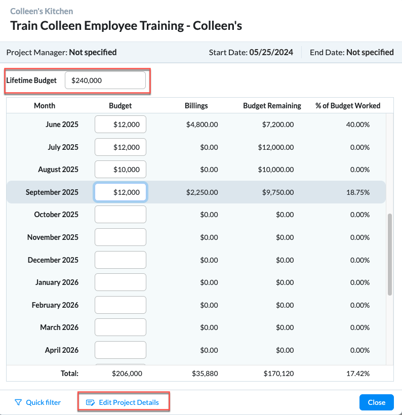 Lifetime budget field in modal
