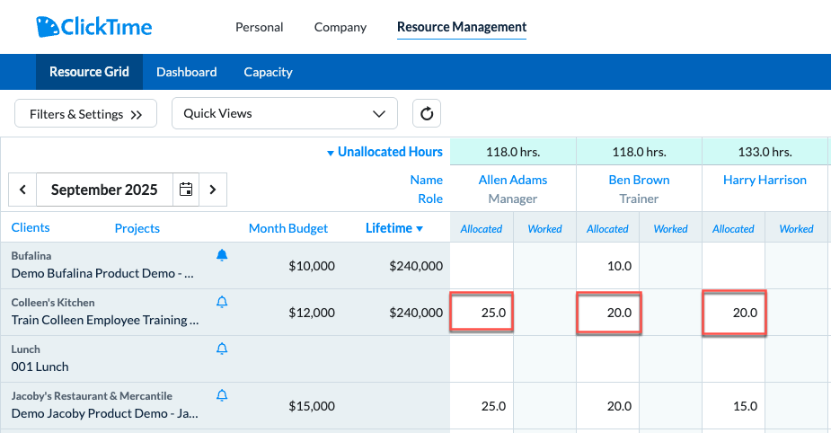 Example of adding allocations in the RM grid