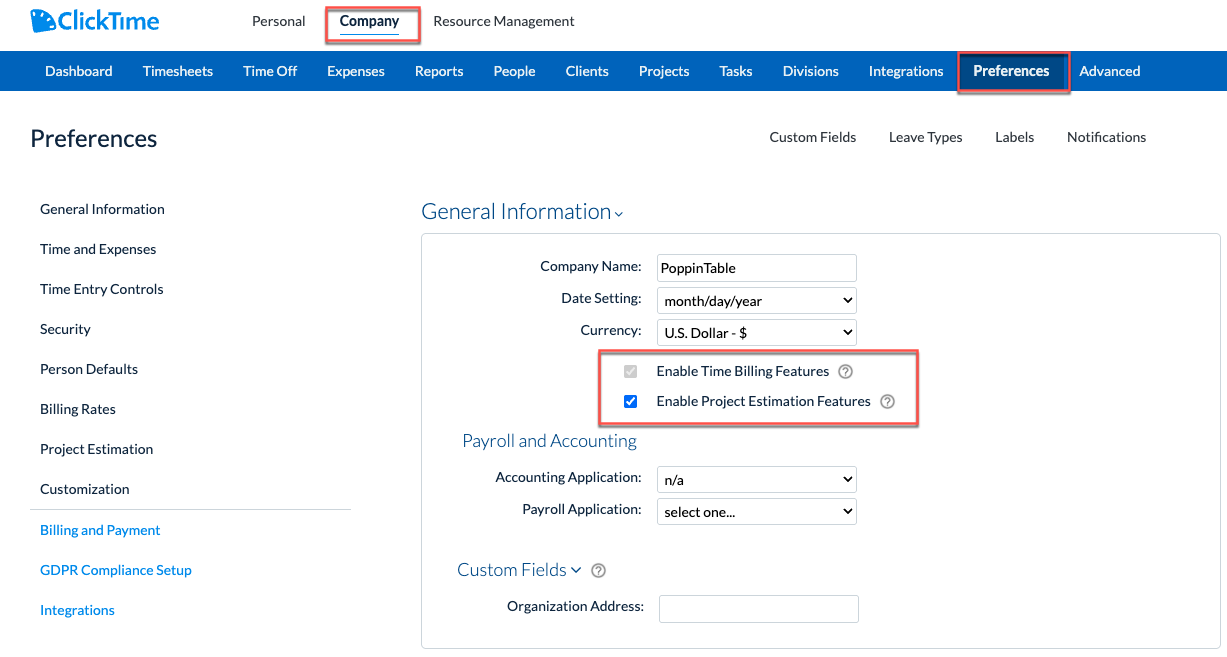 Enable Time Billing and Project Estimation