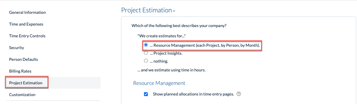 Select Resource Management under Project Estimation