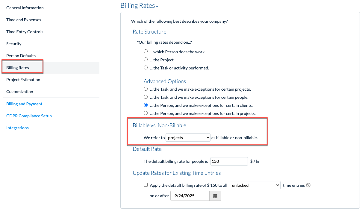Confirm billable object set to Projects