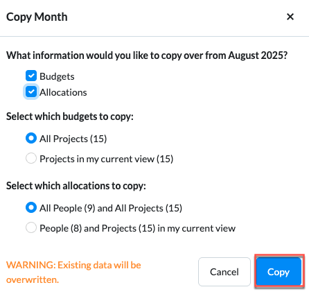Copy Month options window in RM Grid