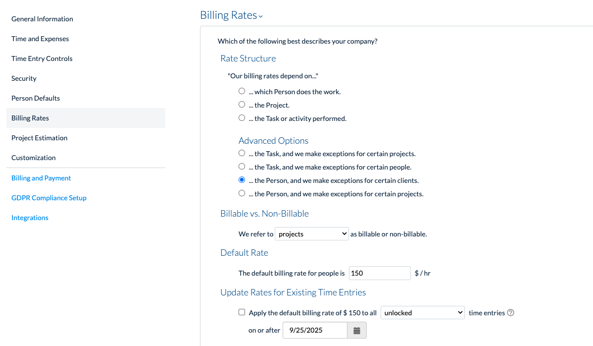 Billing Rates page with billable object set to Projects