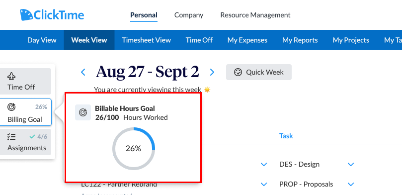 Billable Hours Goal panel