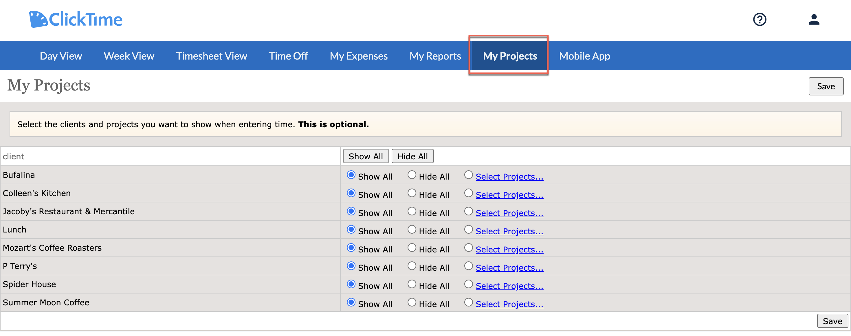 Select Projects screen