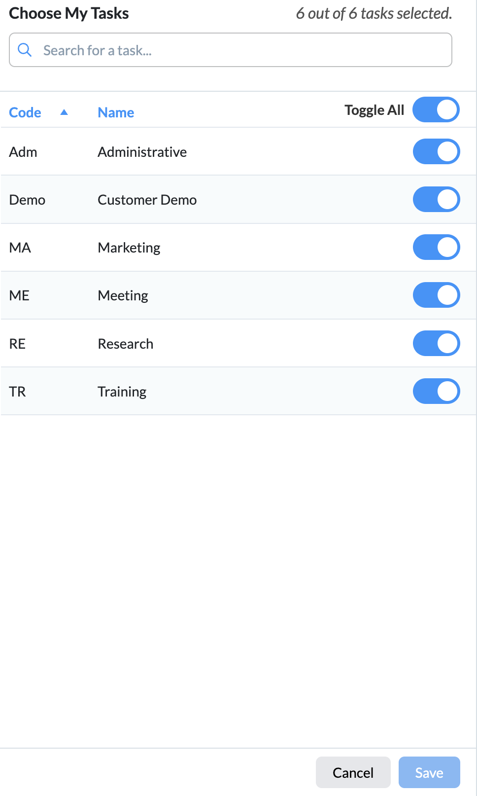 My Tasks toggle screen