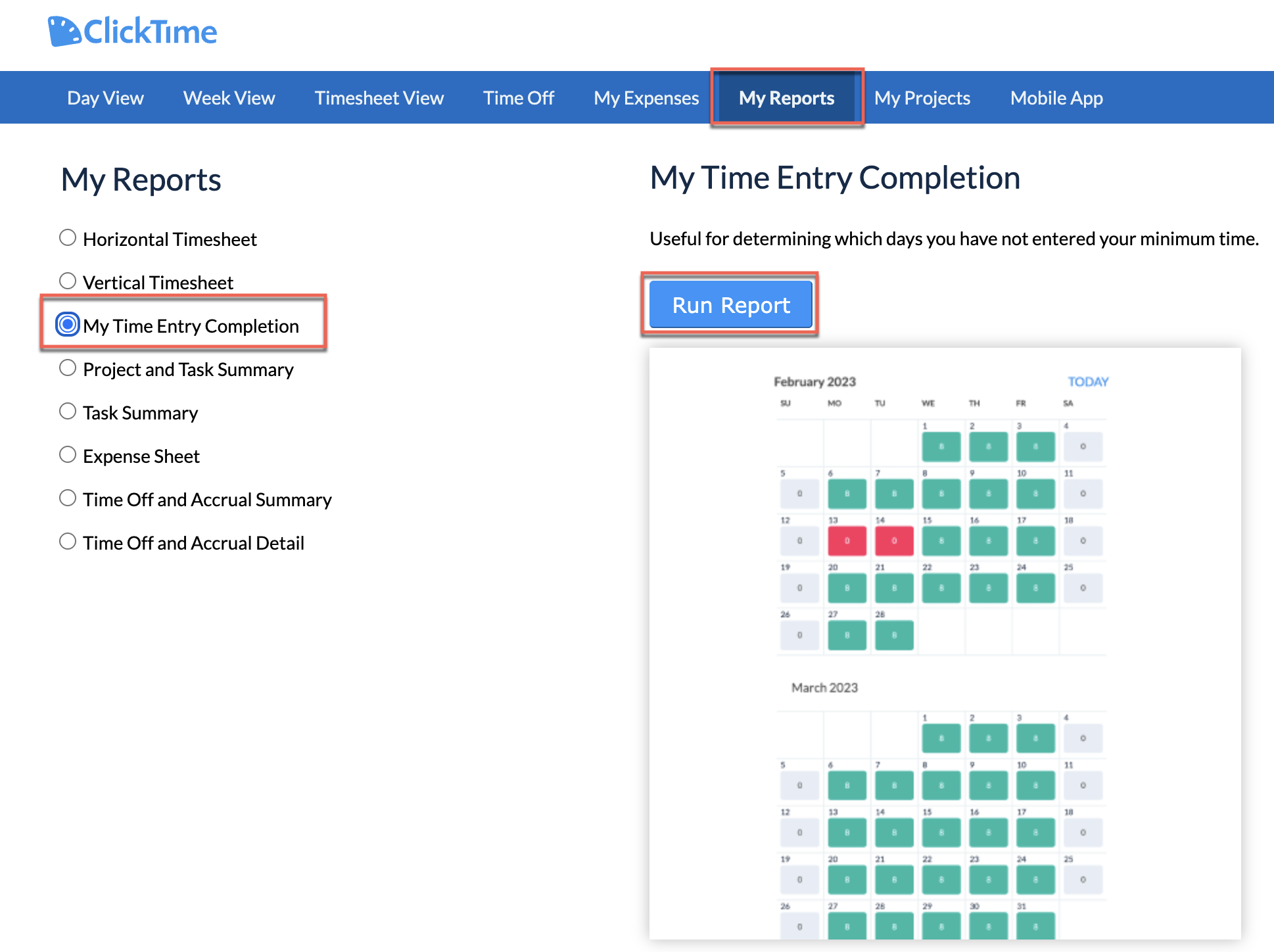 My Time Entry Completion report showing completion by day/week