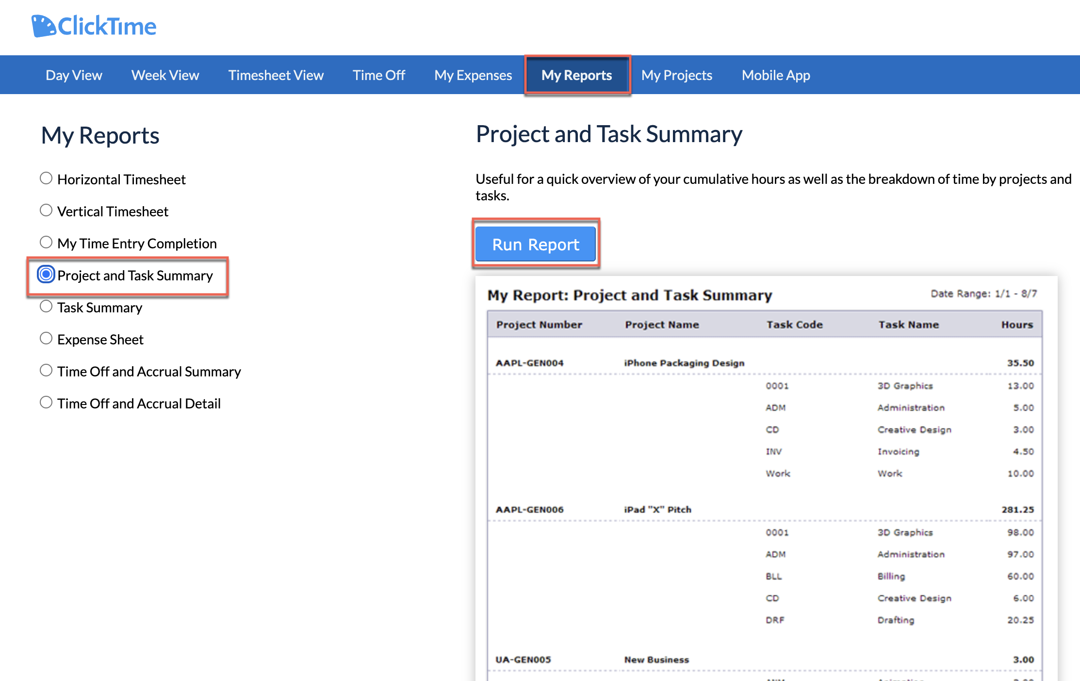 Project and Task Summary criteria and results