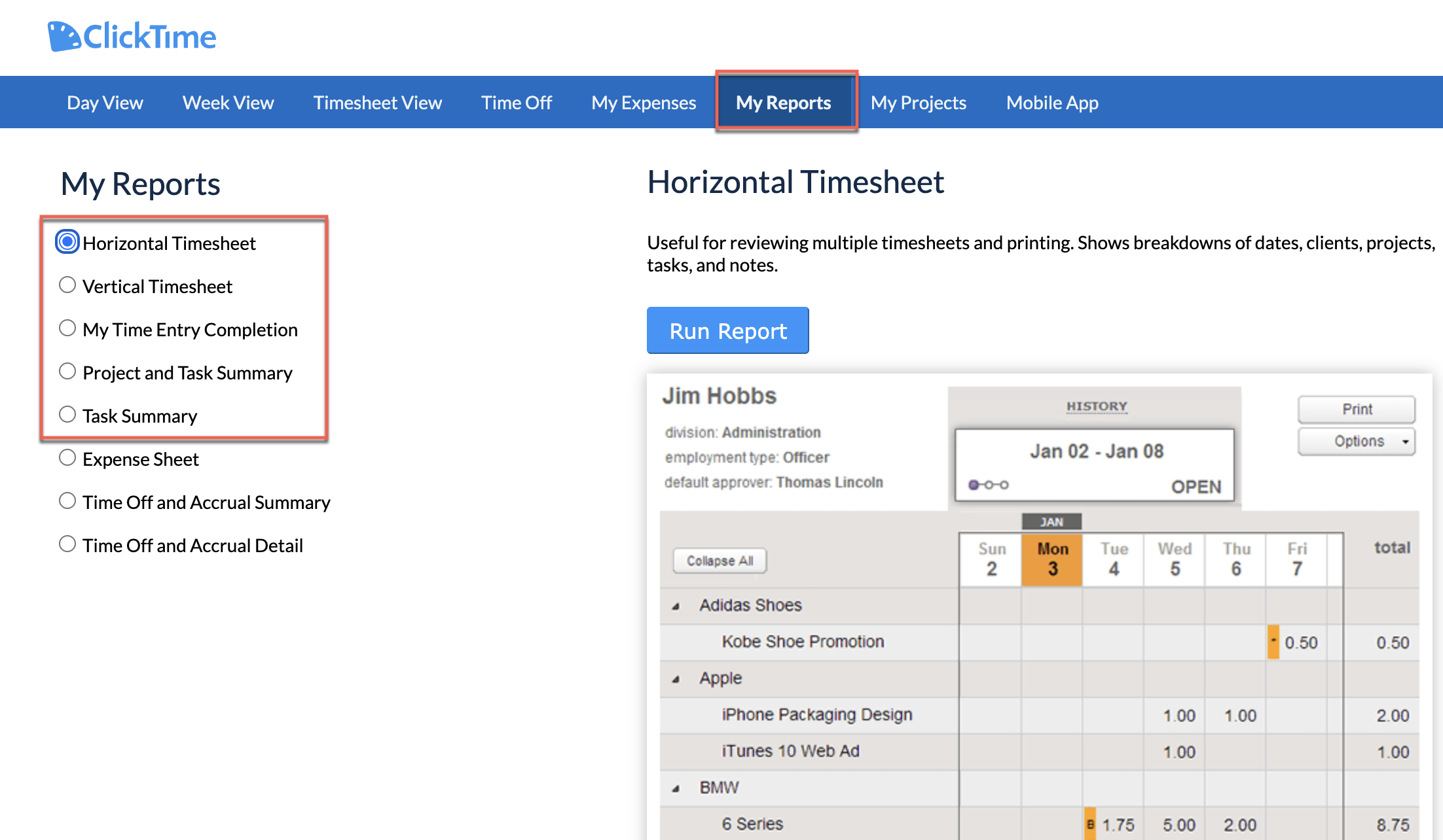 My Reports page showing available time entry reports