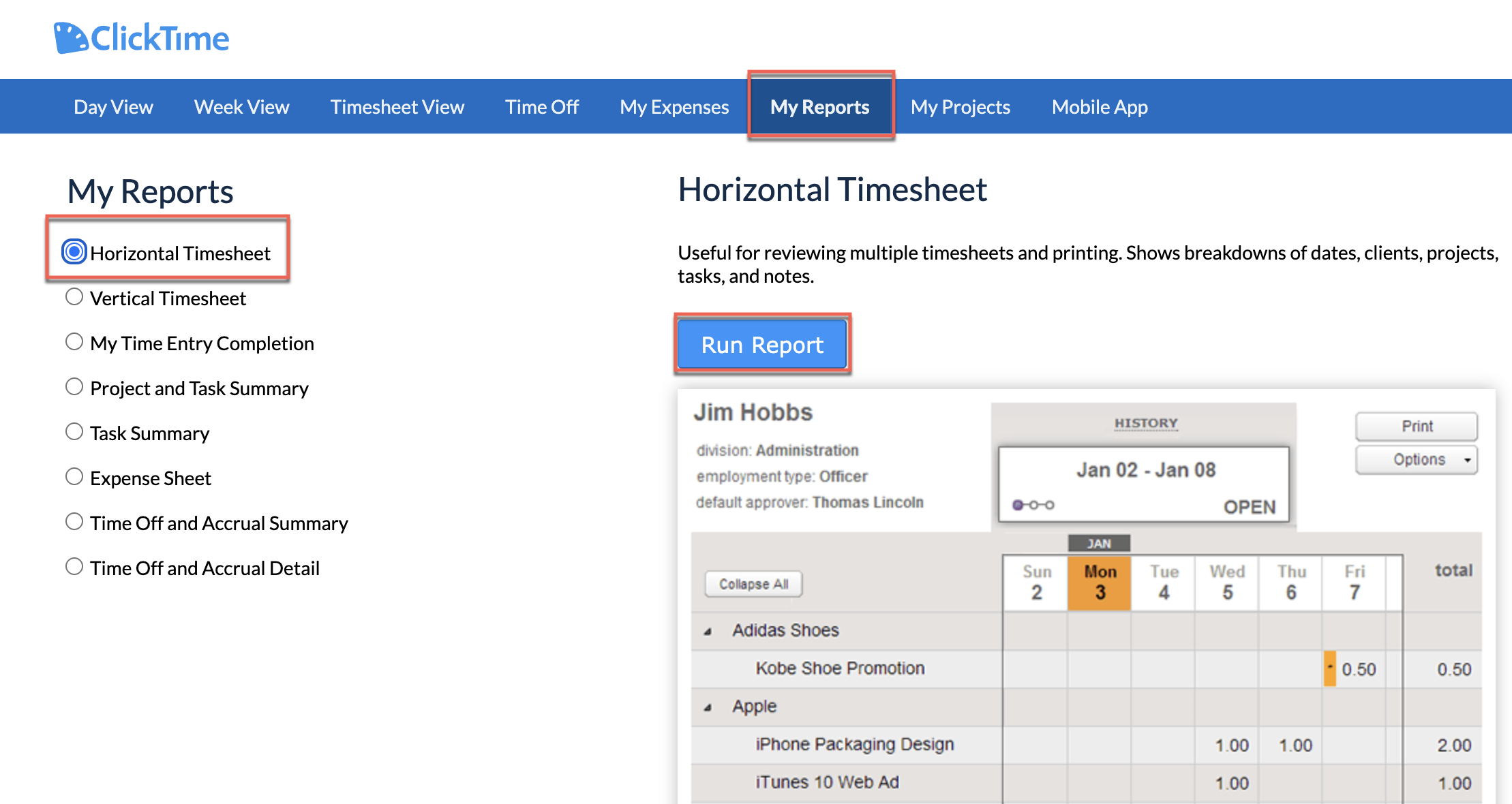Horizontal Timesheet criteria and preview