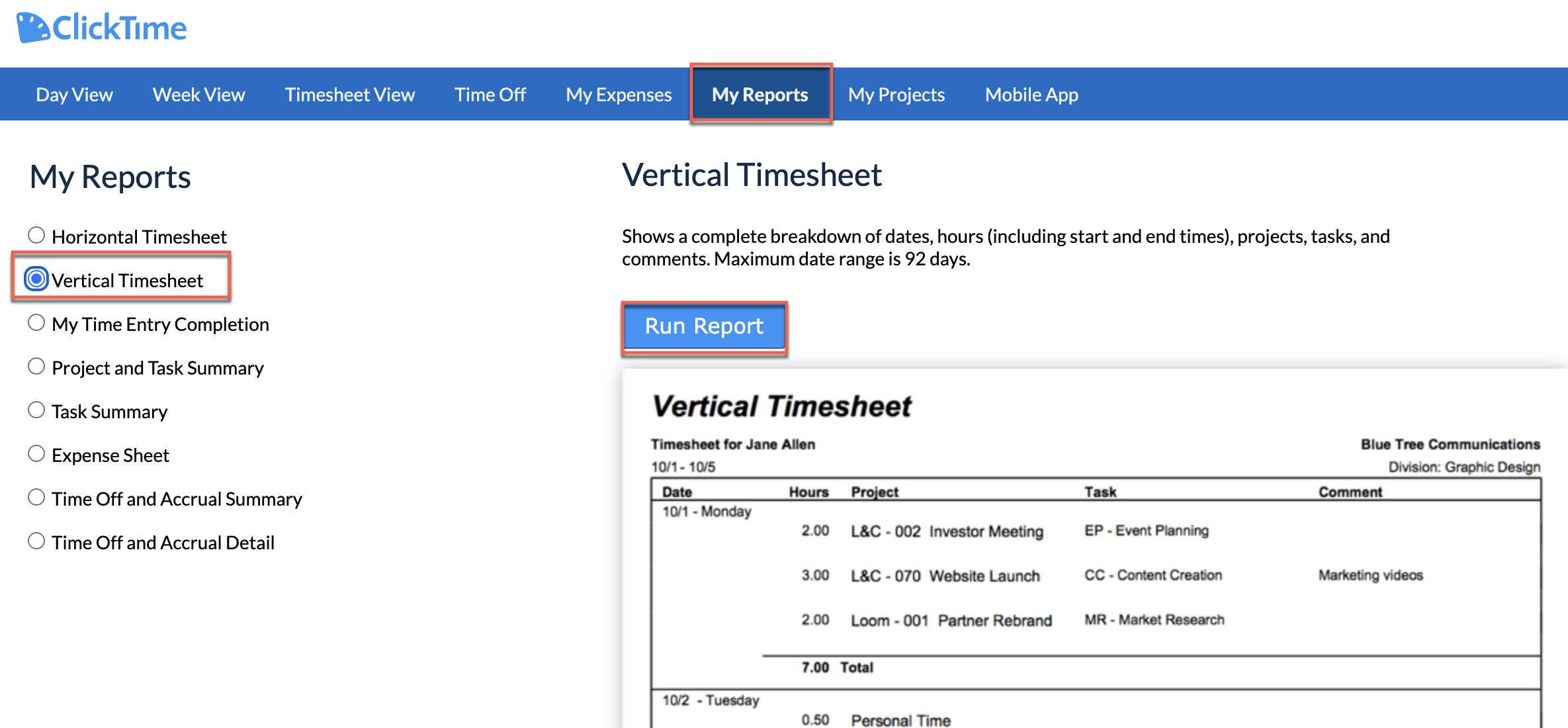 Vertical Timesheet criteria and preview