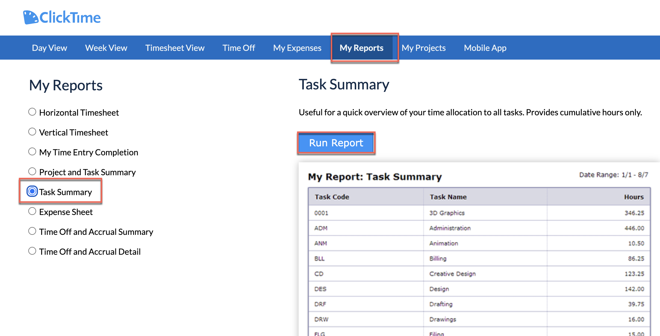 Task Summary criteria and results