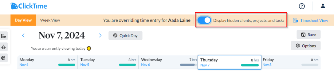 Display hidden clients/projects/tasks toggle