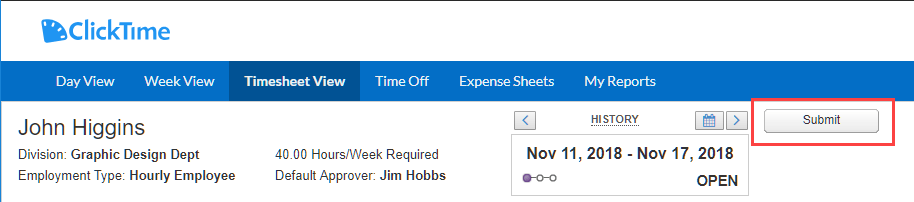 Timesheet View showing the Submit option in the top-right
