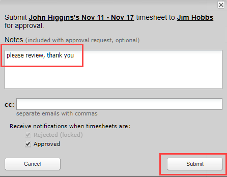 Timesheet View submission dialog with optional note and CC