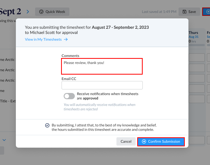 Submission dialog showing optional note and CC fields