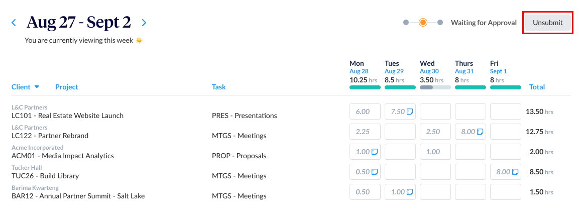 Unsubmit option in Week View
