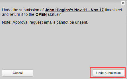 Undo Submission confirmation dialog in Timesheet View