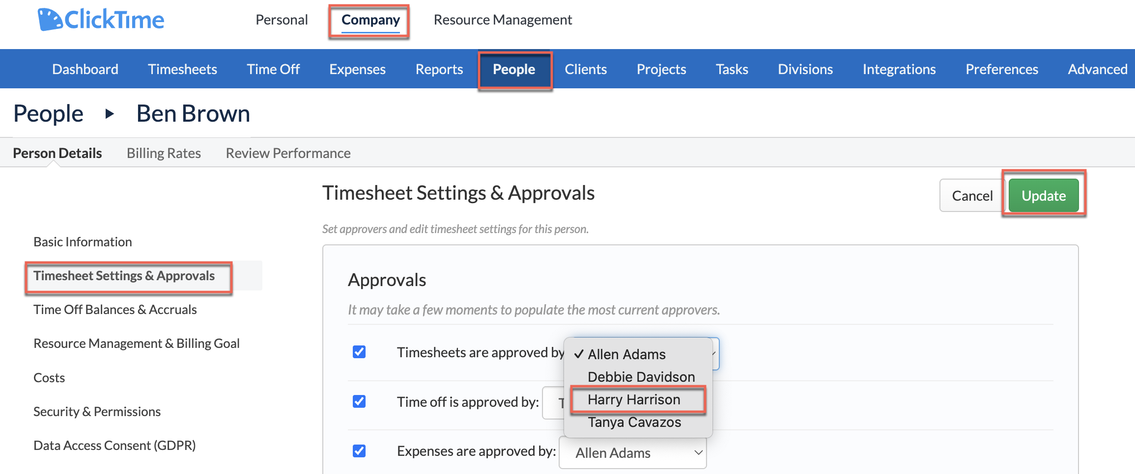 Timesheet Settings & Approvals section with approver dropdown