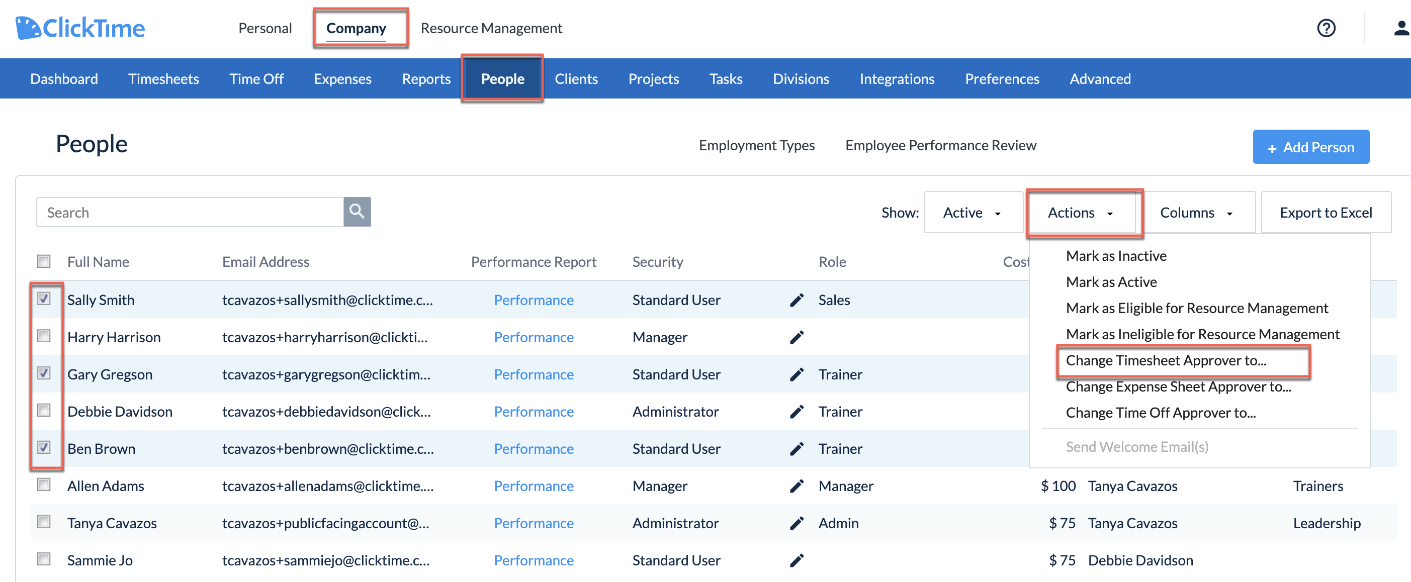 People list with multiple employees selected