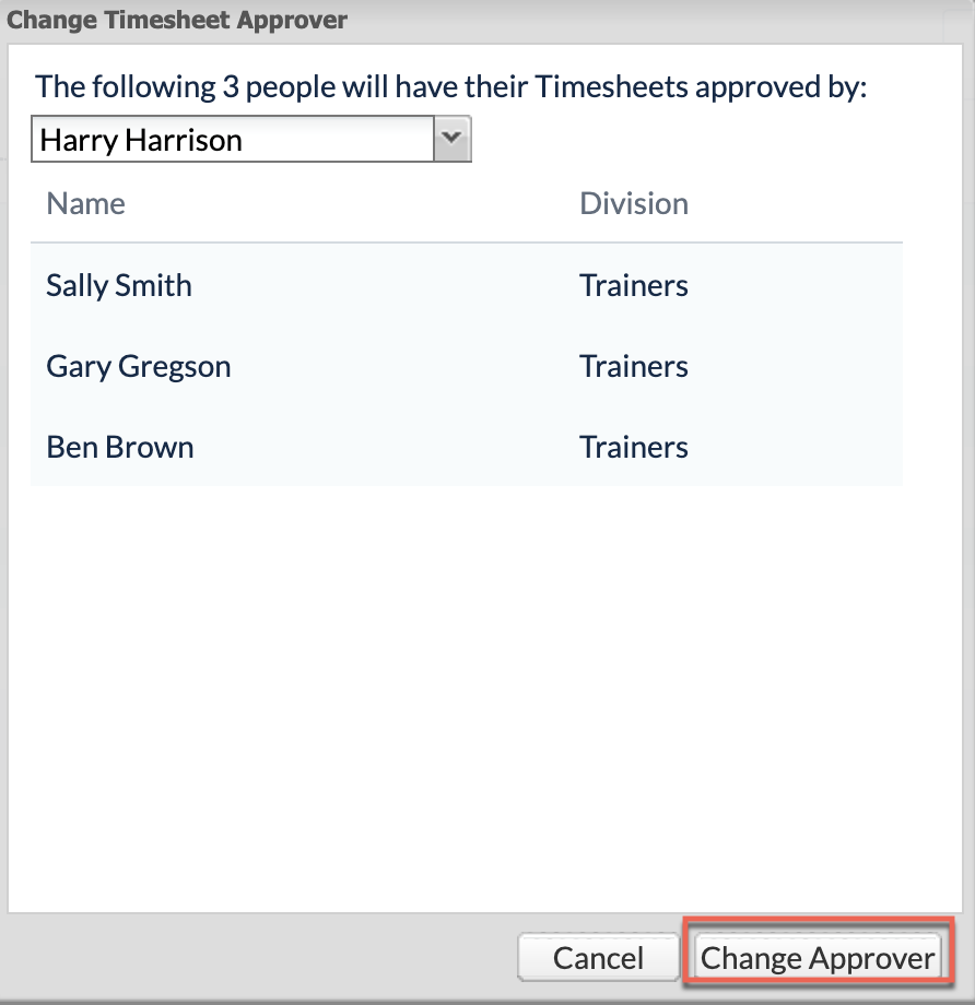 Actions menu highlighting Change Timesheet Approver to…