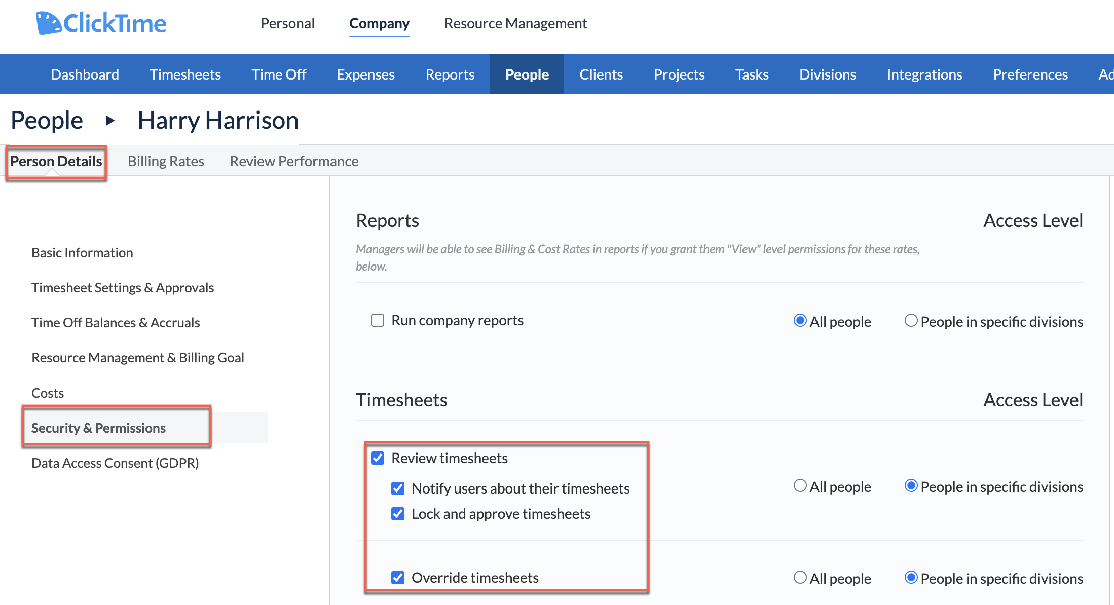 Manager permissions panel showing Lock and approve timesheets enabled