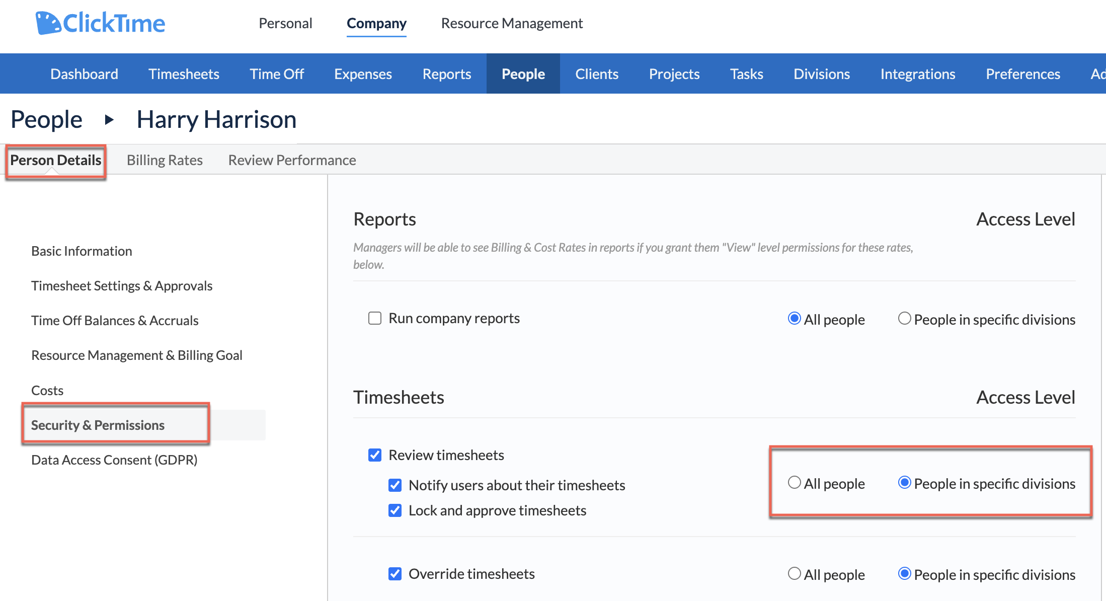 Security & Permissions screen showing Manager permissions