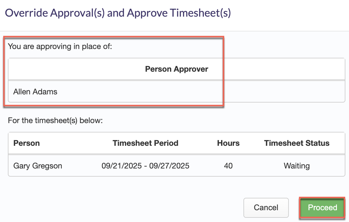 Confirmation modal: approving in place of Default Approver