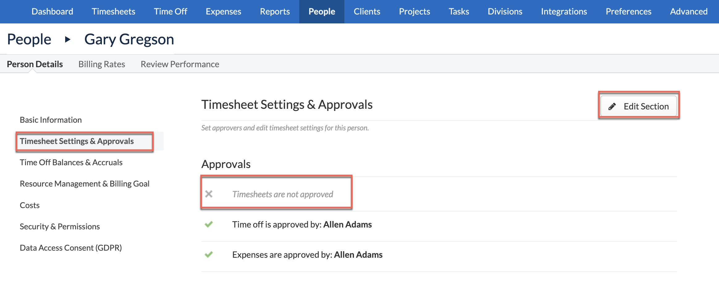 Timesheet Settings & Approvals showing approver checkbox and dropdown