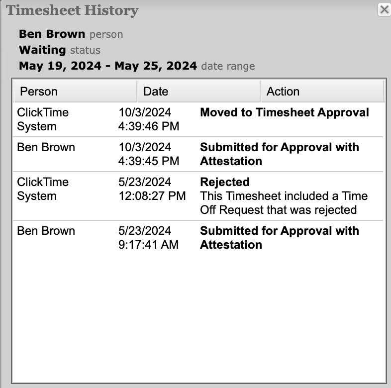 Timesheet history modal