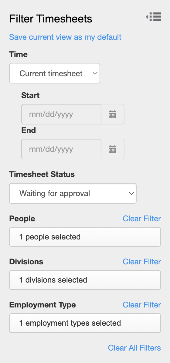 Filter panel with Save current view as my default