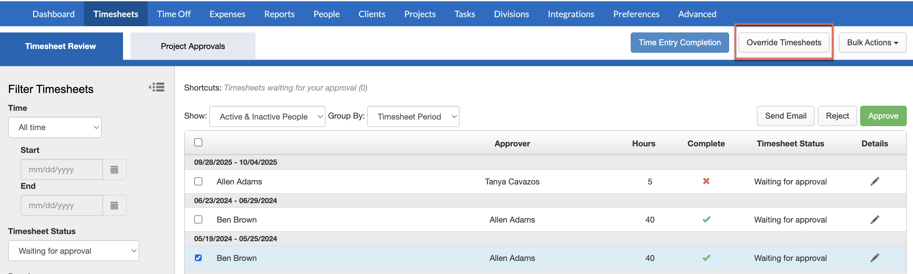 Override option in Timesheet View