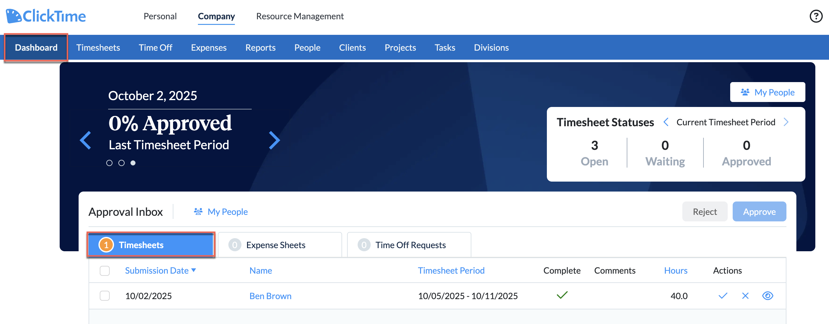 Approval Inbox on Dashboard