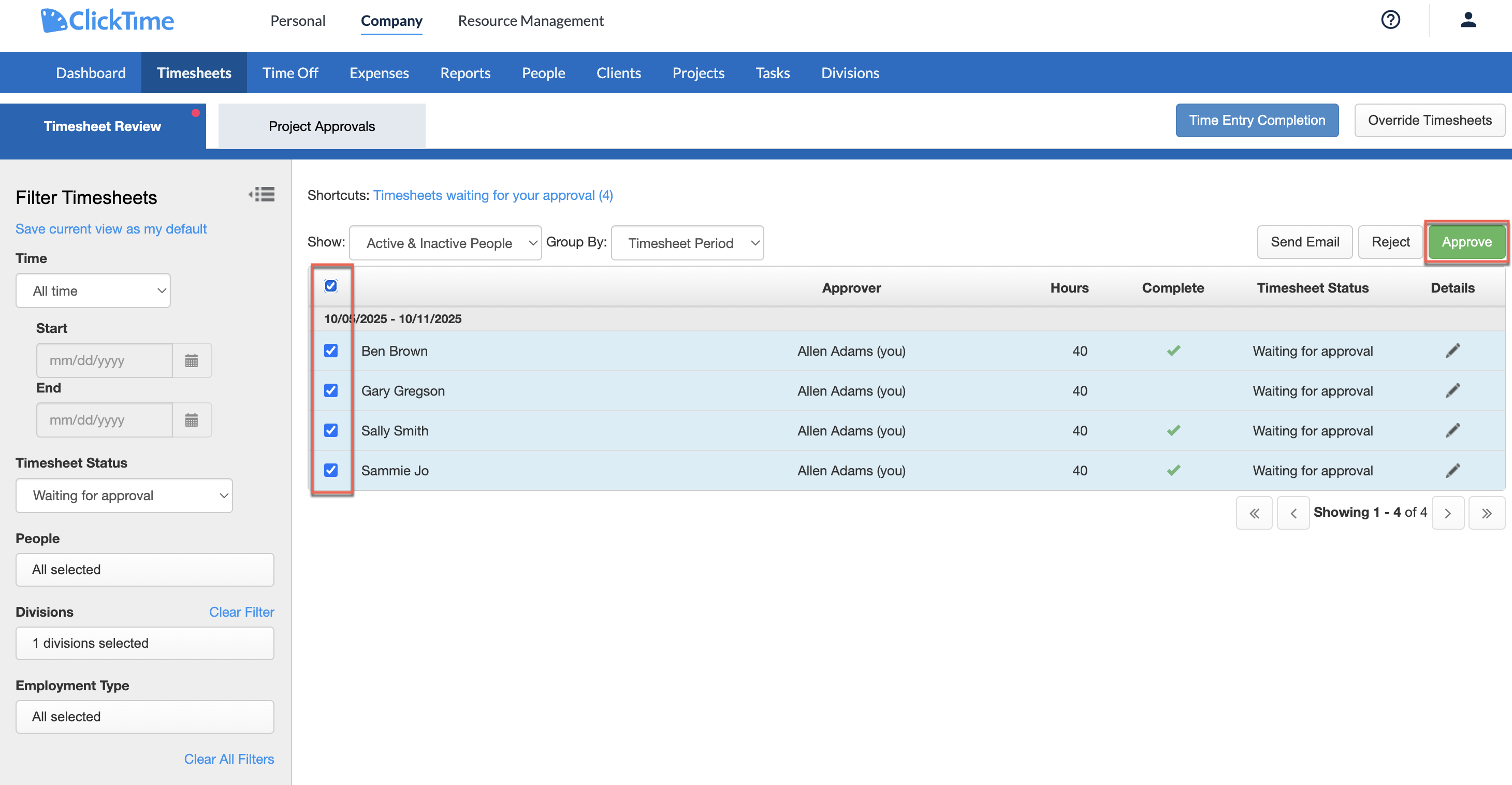 Bulk selection on Timesheets list