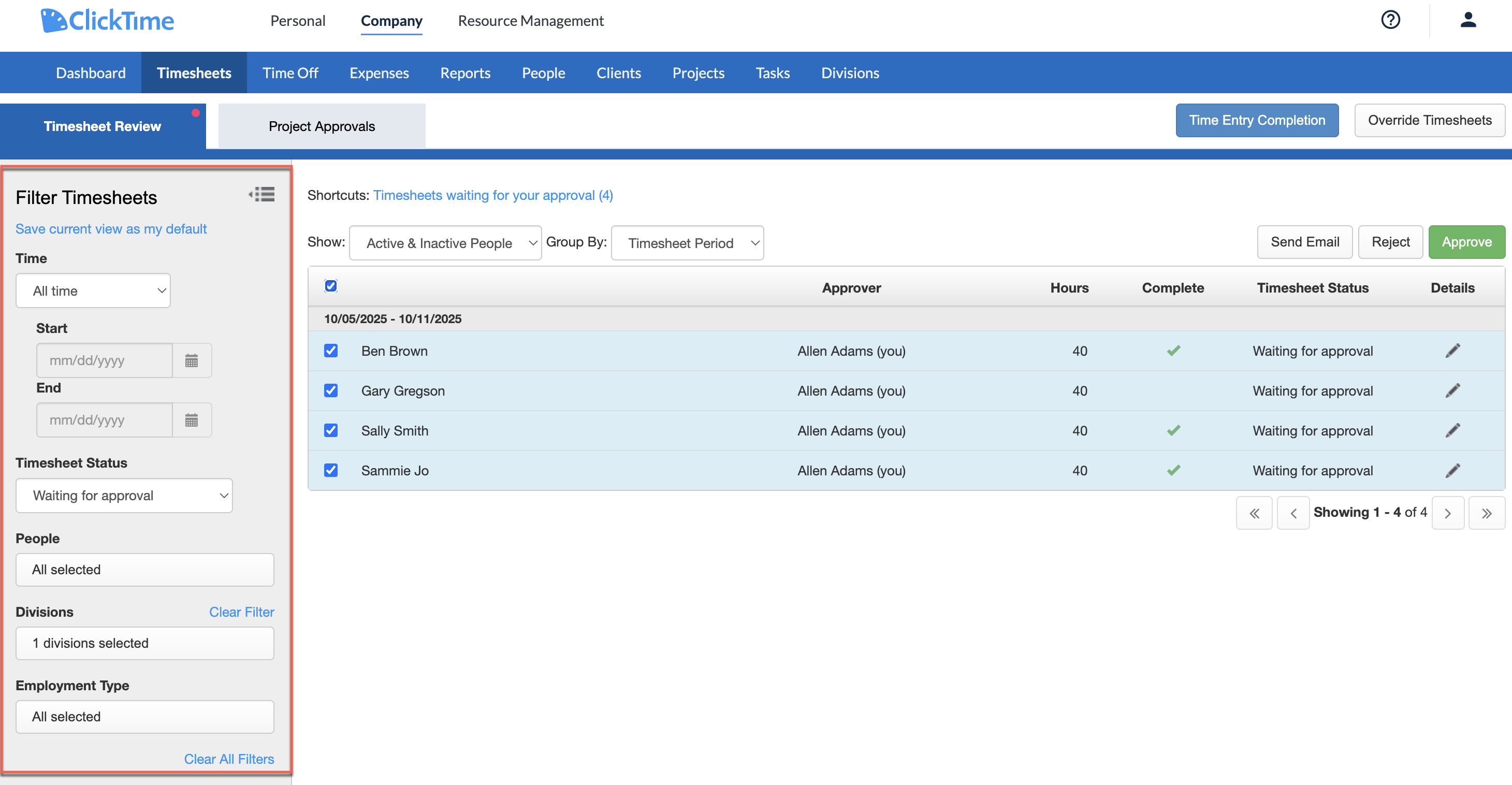 Filters on Timesheets list