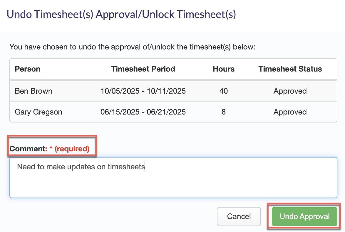 Undo Approval confirmation dialog