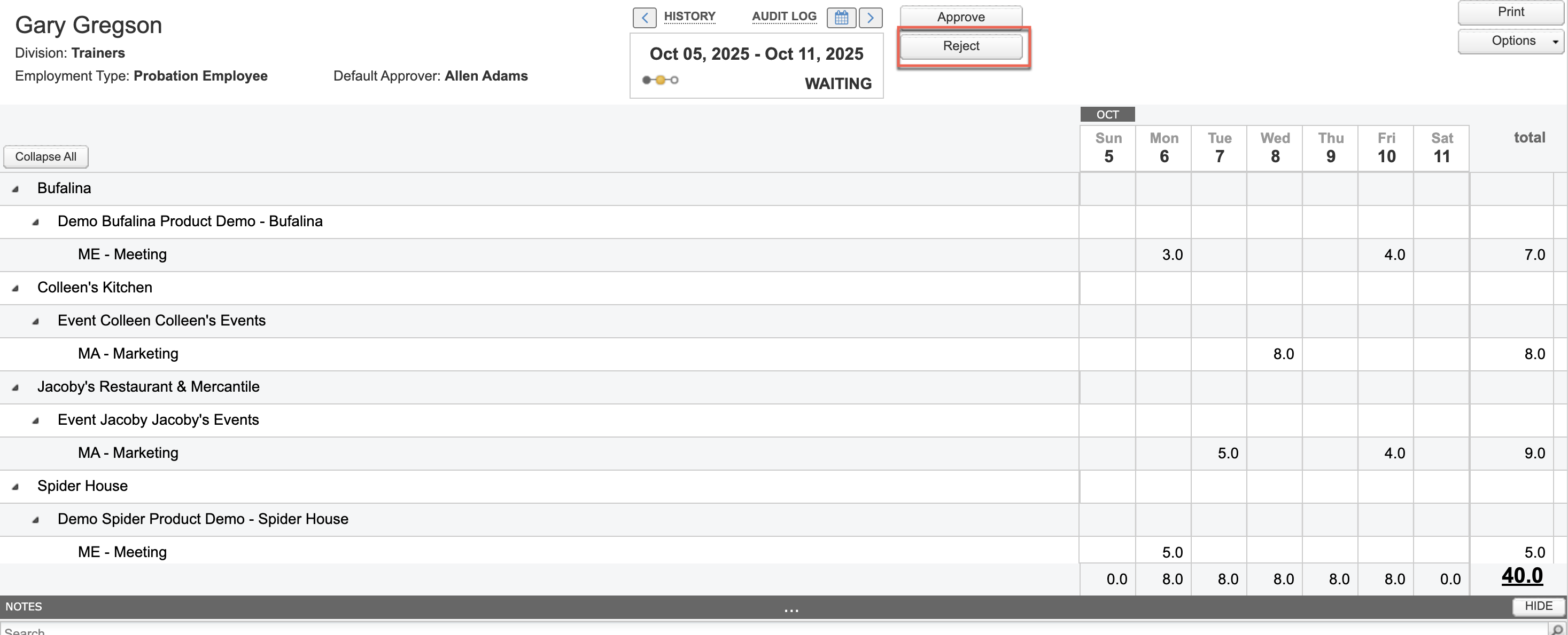 Reject button in Timesheet View