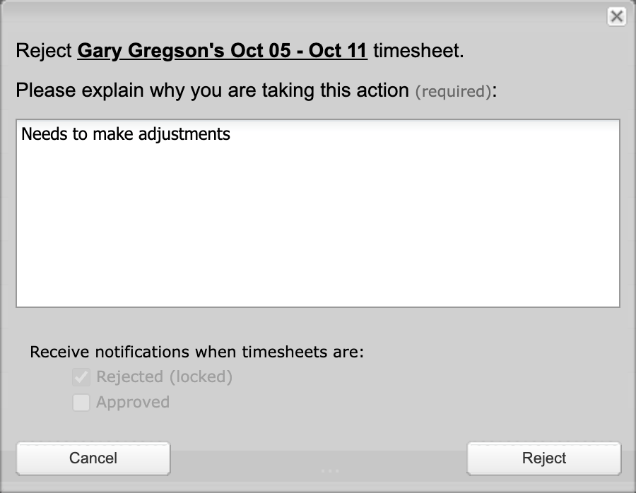 Reject dialog with required comment