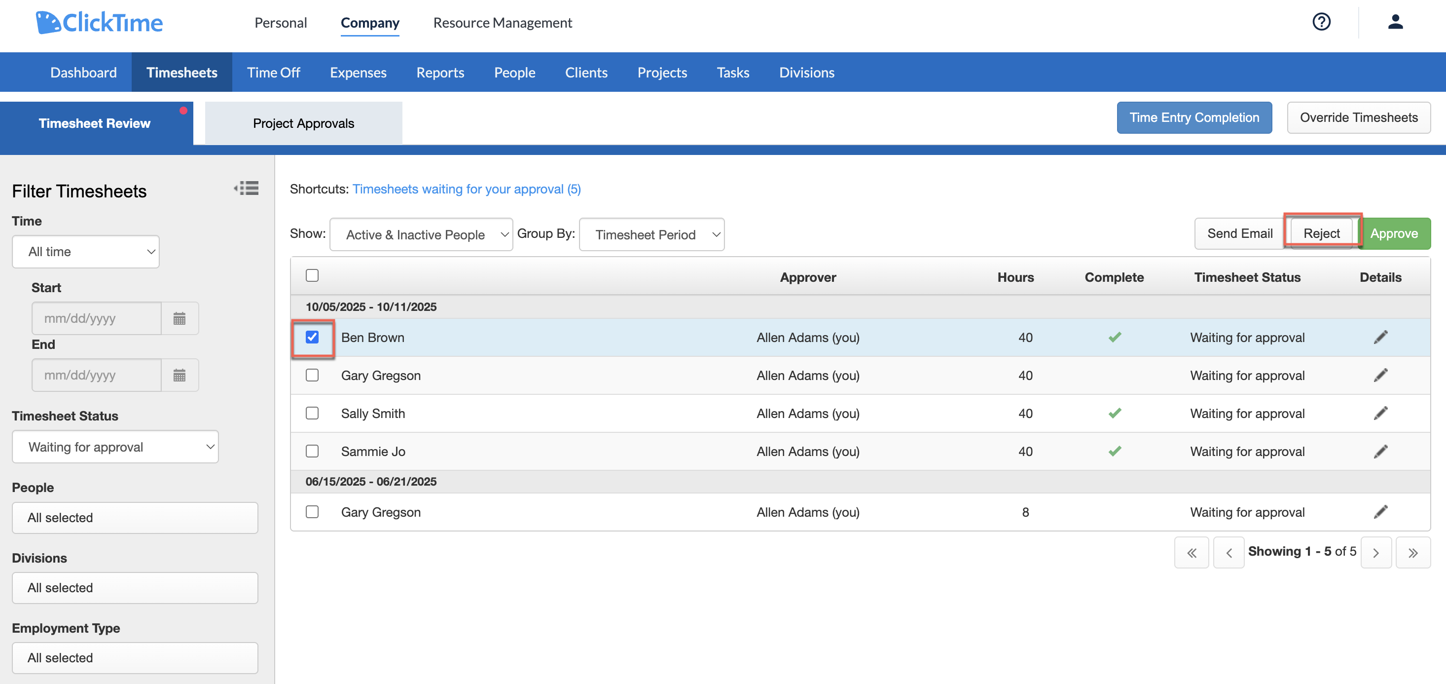 Rejecting Timesheets (Managers & Admins) – ClickTime Support