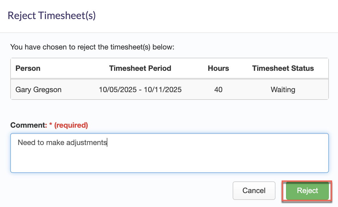 Reject dialog shown for multiple selections